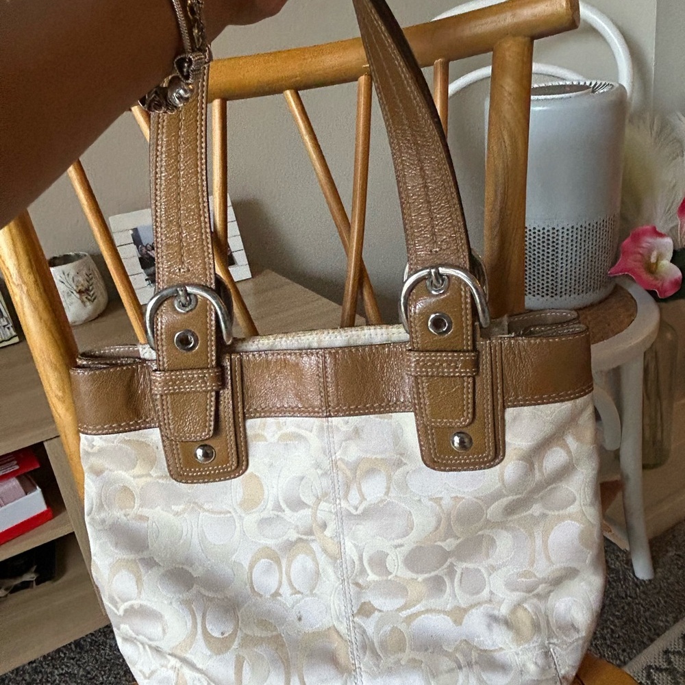 Coach Brown and Cream Shoulder Bag with Signature Design